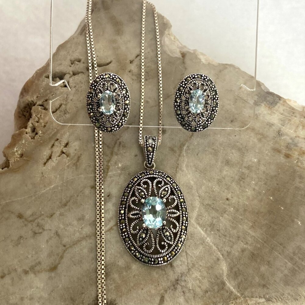 Sterling Silver 925 Oval Blue Topaz & Marcasite Pendant Necklace & Earrings 18"